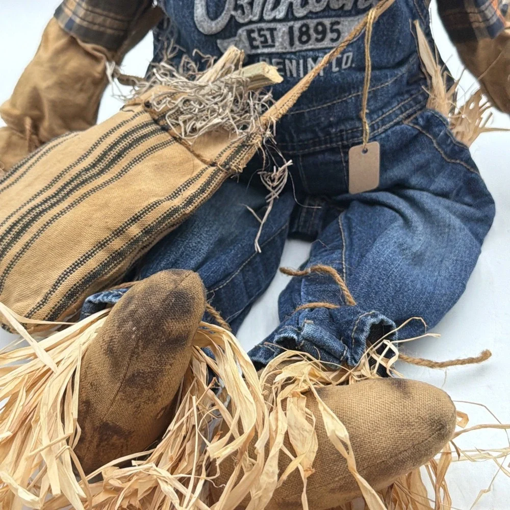 Vintage Primitive Handmade Grungy Scarecrow Doll Folk Art Fall Oshkosh Overalls